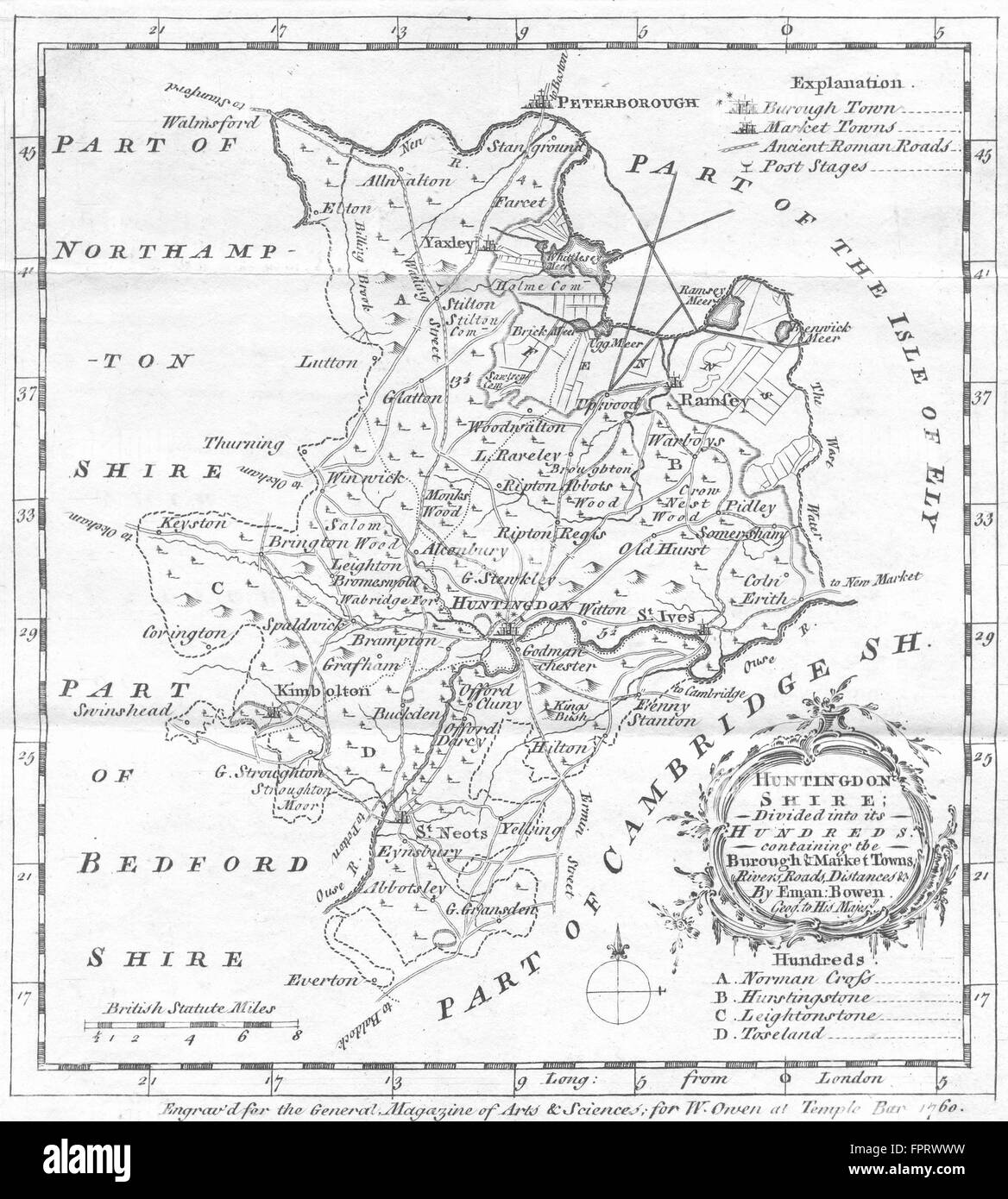 HUNTS: Huntingdonshire ; Eman Bowen, 1749 antique map Stock Photo