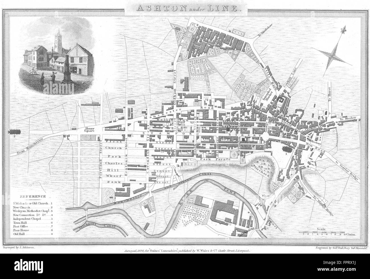 CHESHIRE: Ashton under Lyne: Town Plan Wm Wales, c1825 antique map Stock Photo