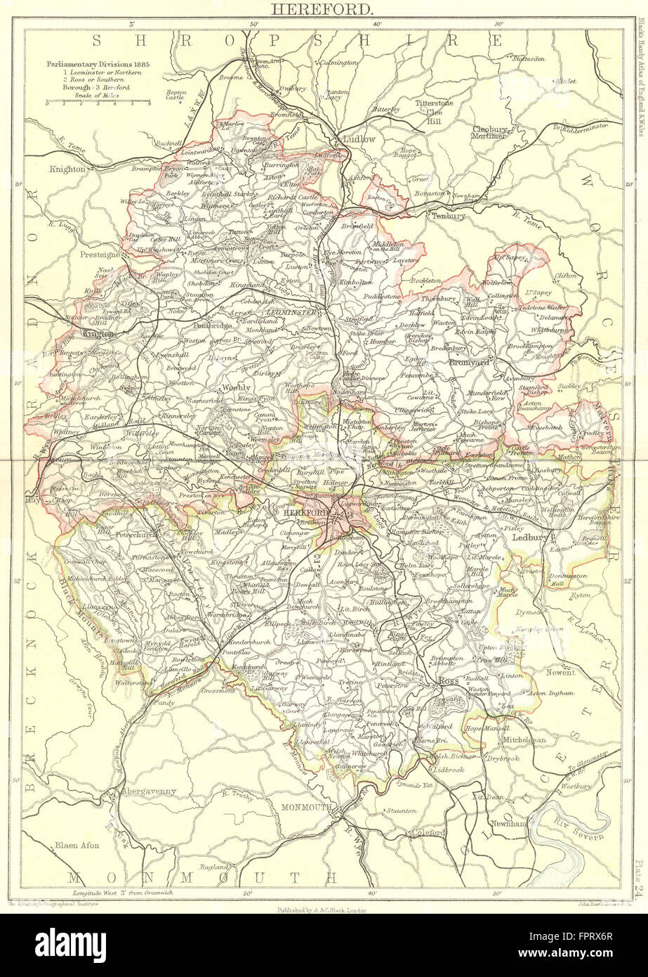 HEREFORD: Black, 1892 antique map Stock Photo