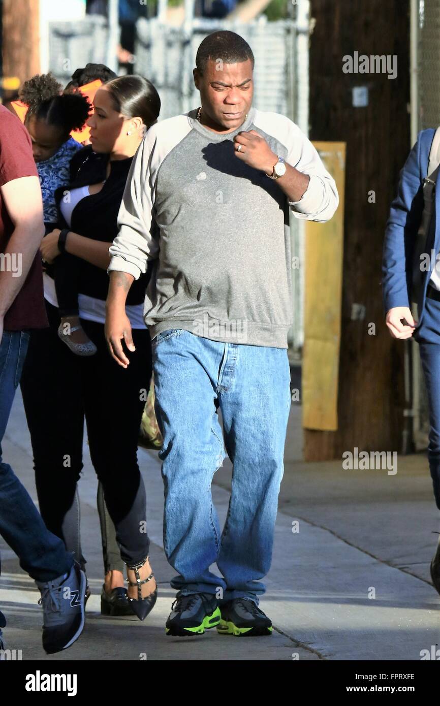 Tracy Morgan and his family, Megan Wollover and child come to Hollywood for an appearance on Jimmy Kimmel Live!  Featuring: Tracy Morgan, Megan Wollover Where: Hollywood, California, United States When: 15 Feb 2016 Stock Photo
