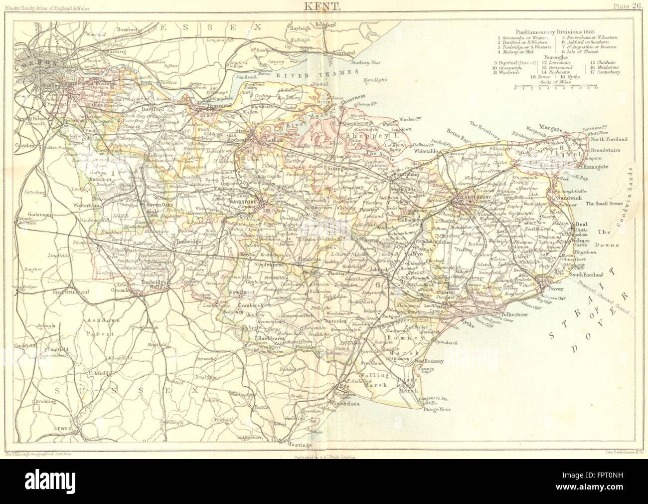 KENT: Black; shows 'Proposed Channel Tunnel', 1892 antique map Stock Photo