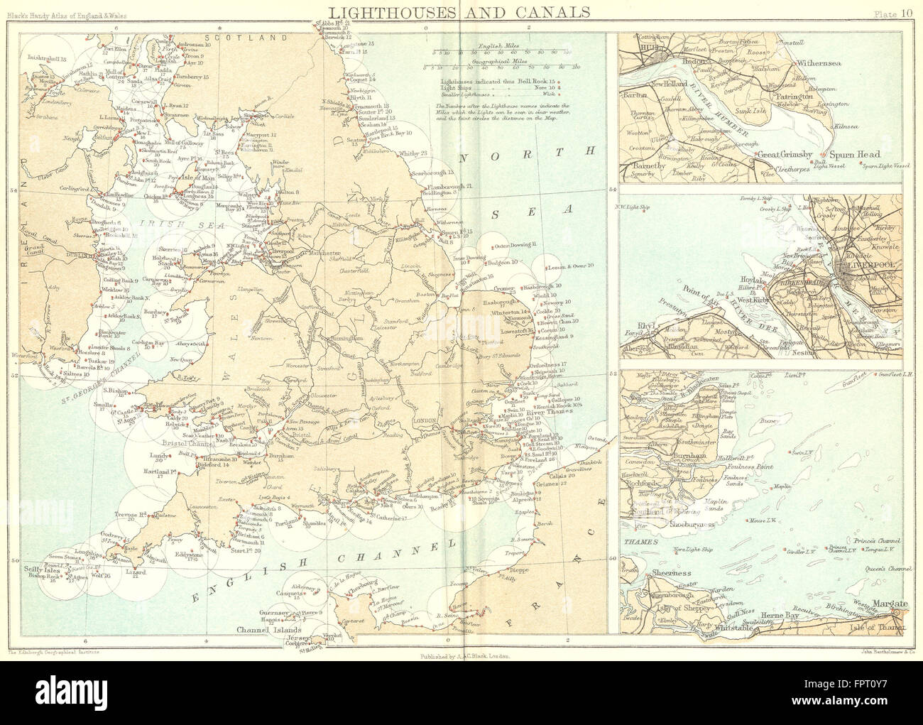 UK: Lighthouses canals: ins Humber Mersey Thames, 1892 antique map Stock Photo