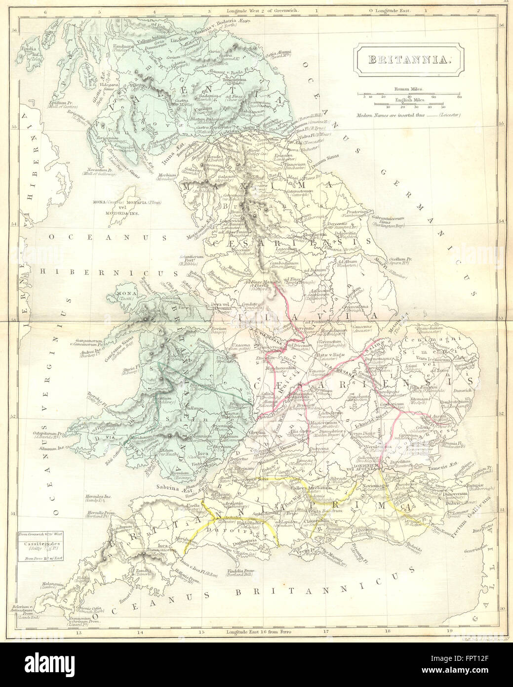 BRITANNIA: Roman Britain; roads town Butler, 1861 antique map Stock Photo