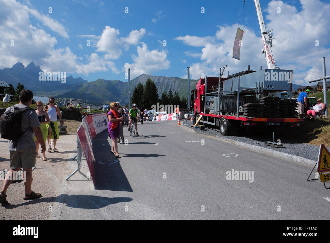The Tour de France organisation preparing Col du Mollard for the riders to cross the top Stock Photo