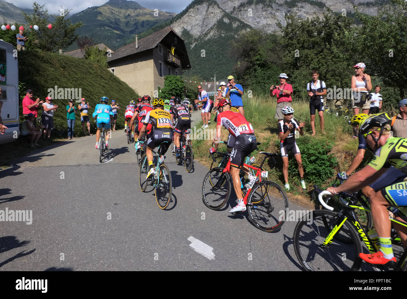 small group of bicycle road race riders, heading for Montvernier in the tour de france 2015 Stock Photo