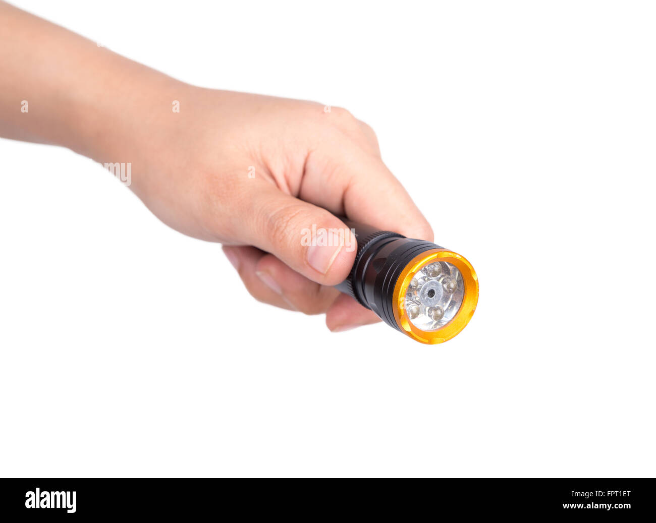 Hand holding flashlight on a white background Stock Photo Alamy