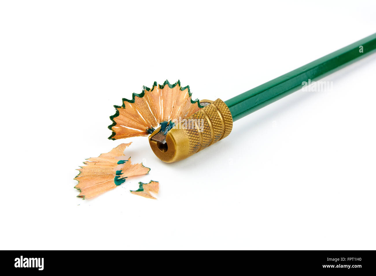 Green pencil in a brass pencil sharpener with shaving hanging out, all on white background Stock Photo