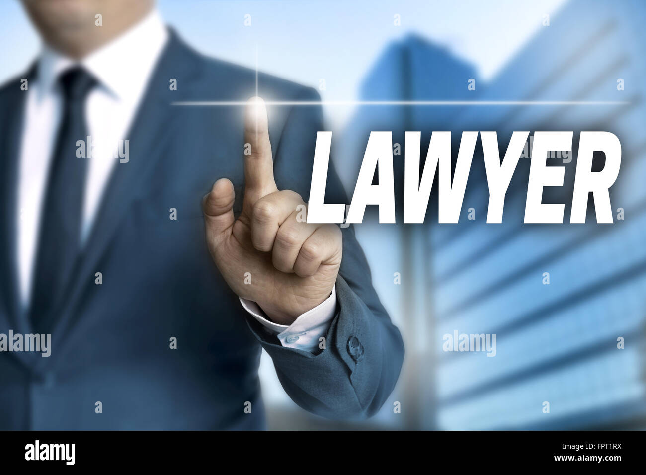 lawyer touchscreen is operated by businessman. Stock Photo