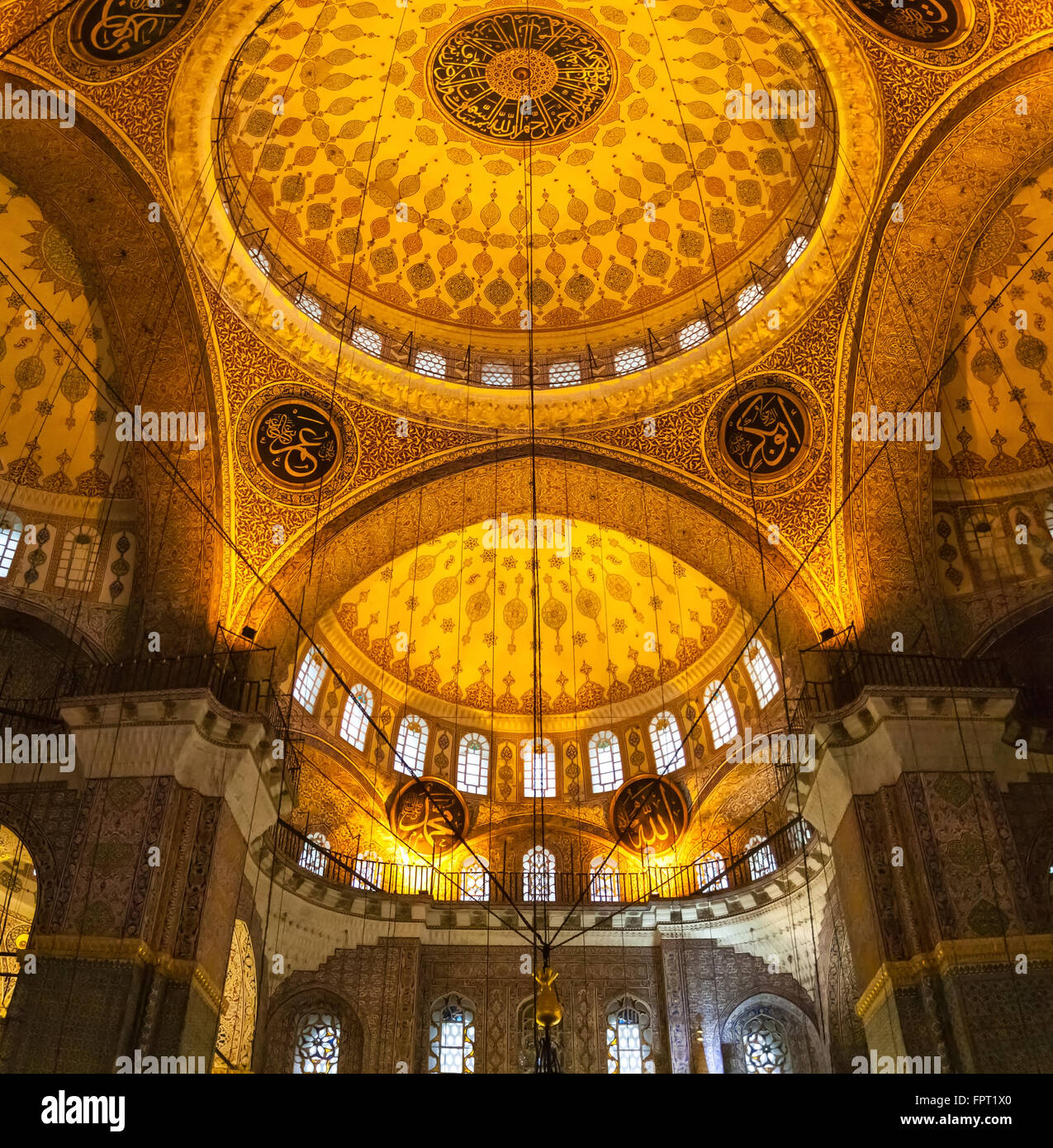 The New Mosque Yeni Valide Camii, an Ottoman Imperial Mosque interior architecture in Istanbul, Turkey, Eminonu district Stock Photo