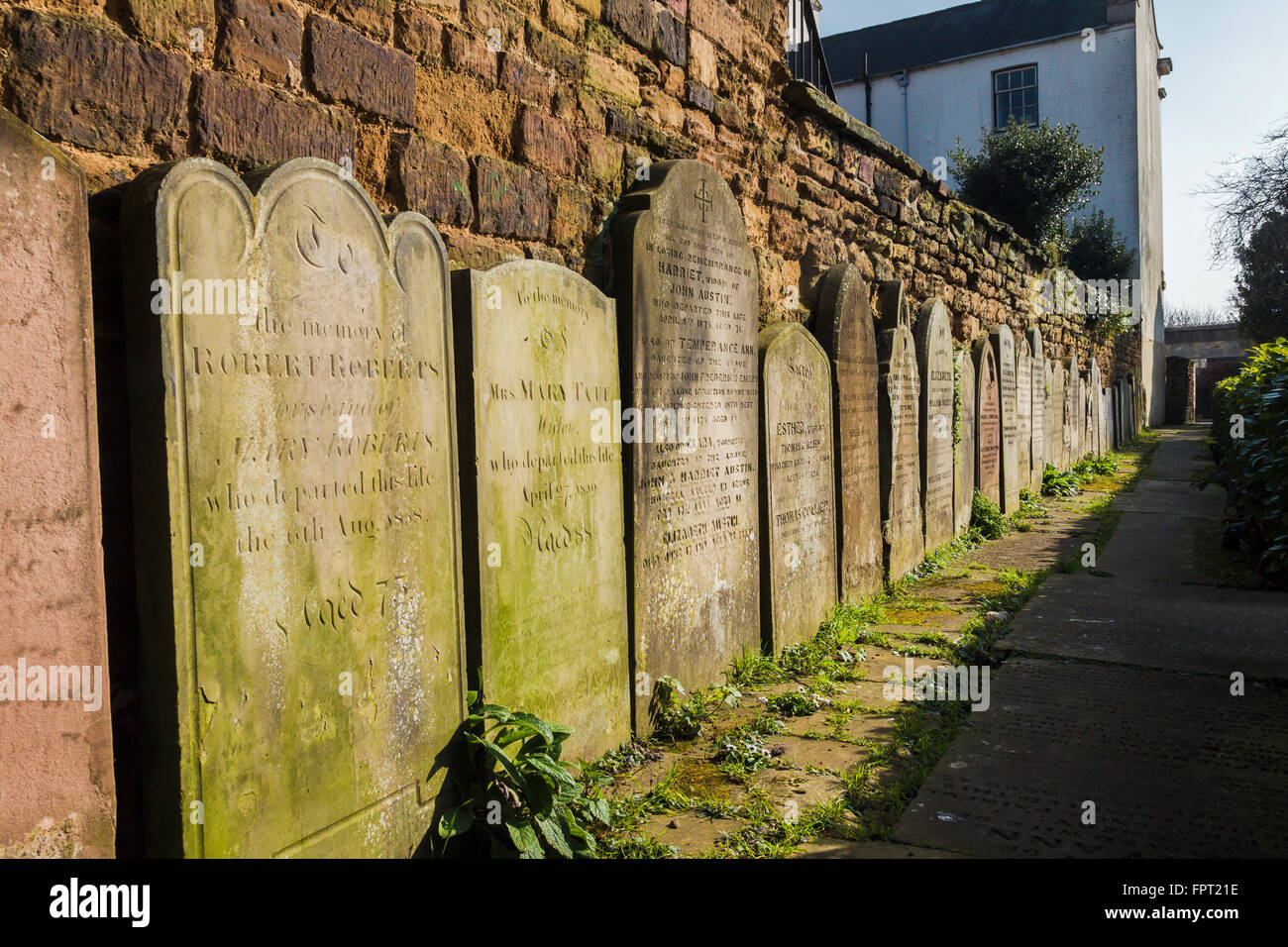 Row of head stones at St Giles a medieval church in Northampton town centre. Stock Photo