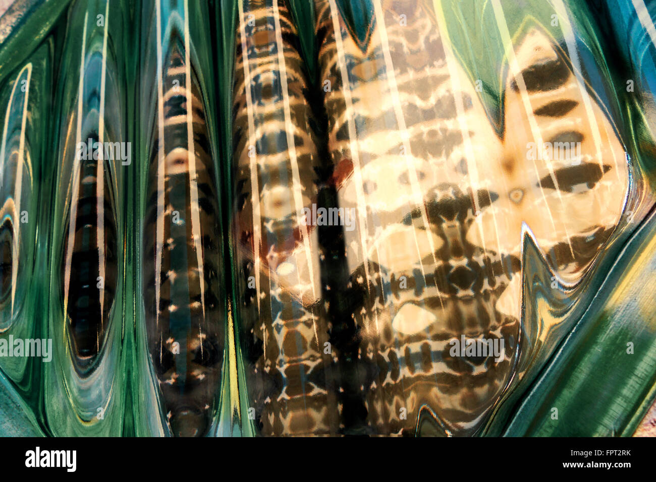 Abstract retro pattern of green and brown reflexions in glass, Taken at an architectural glass stone. Stock Photo
