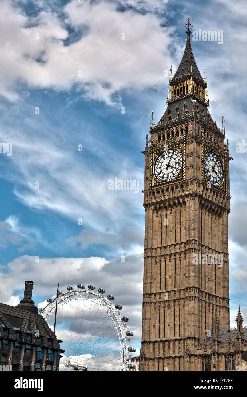 Big Ben with London Eye in the background, Houses of Parliament London Stock Photo