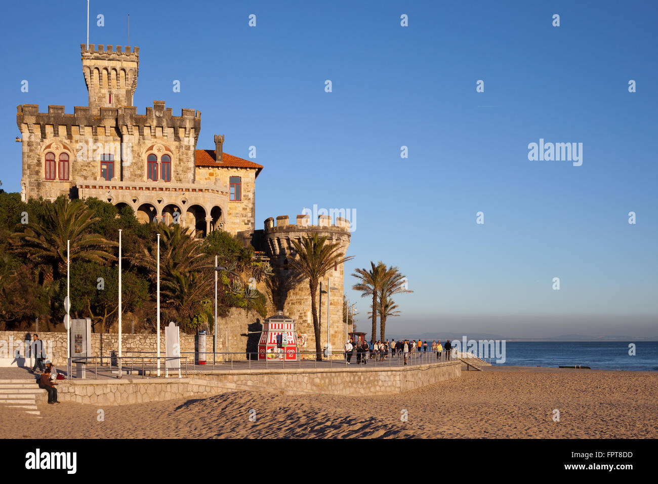 Portugal, Estoril, castle on Tamariz beach at sunset by the Atlantic Ocean, resort town near Lisbon Stock Photo