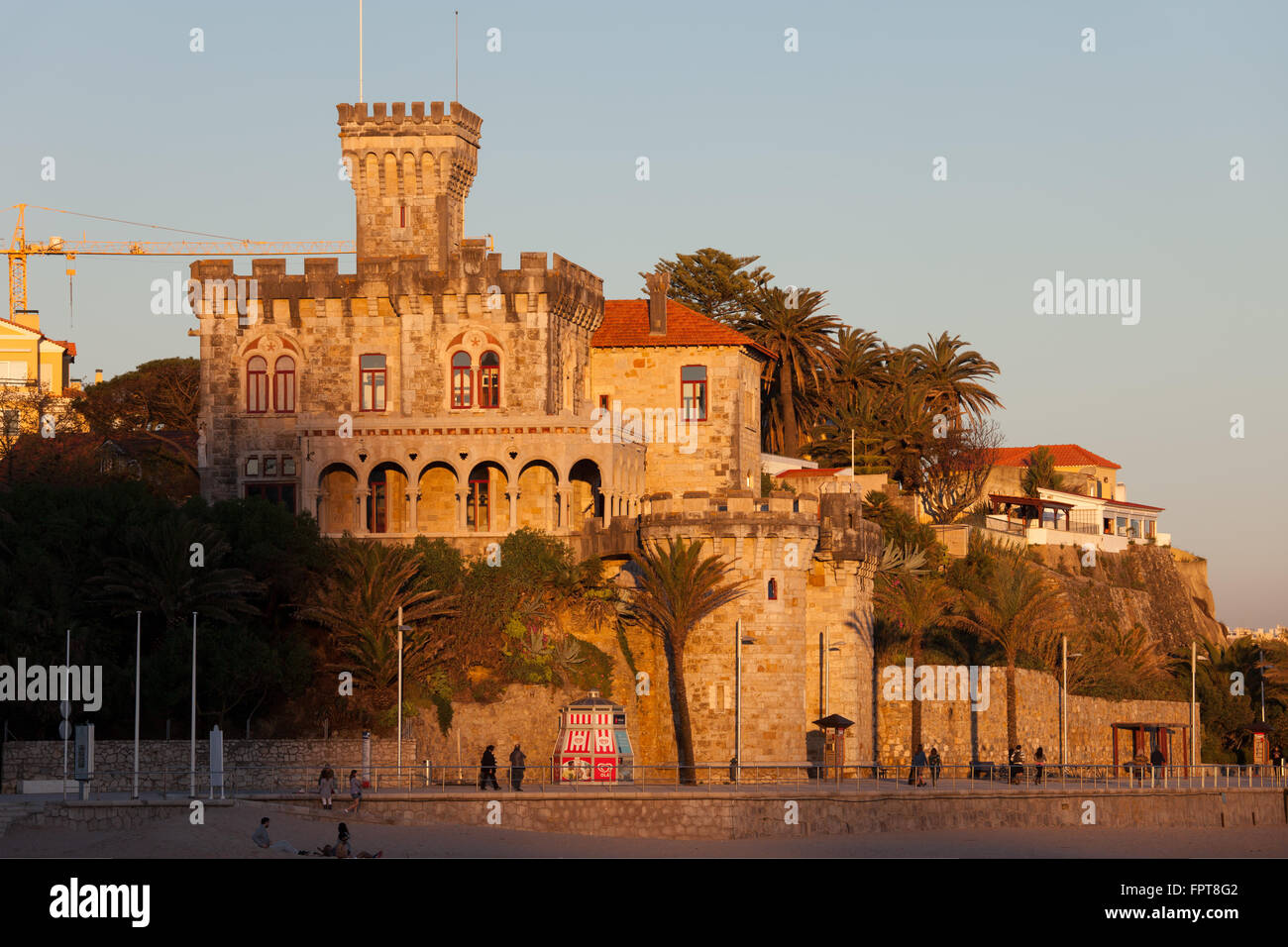 Estoril Castle at sunset, Cascais, Portugal, erected in 1917 by Jorge O' Neil, regional history museum Stock Photo