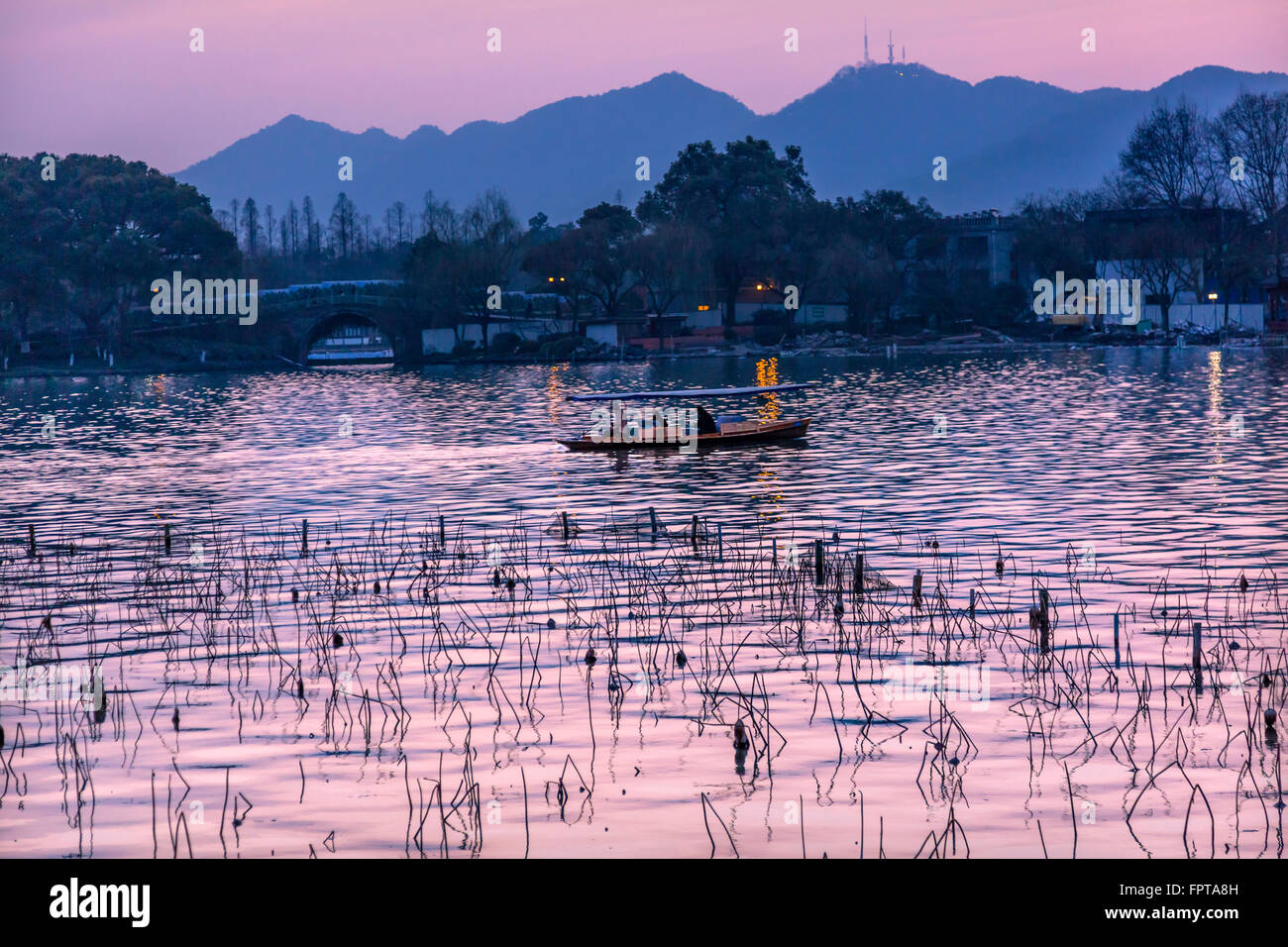 Boats Pink Blue Reflection Sunset Orange Reflection West Lake Hangzhou Reflection Zhejiang China . Stock Photo