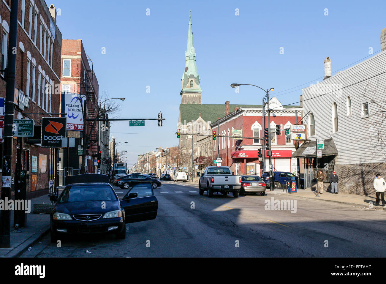 18th Street at Racine Ave. Pilsen neighborhood, Chicago, Illinois. St Procopius Church in