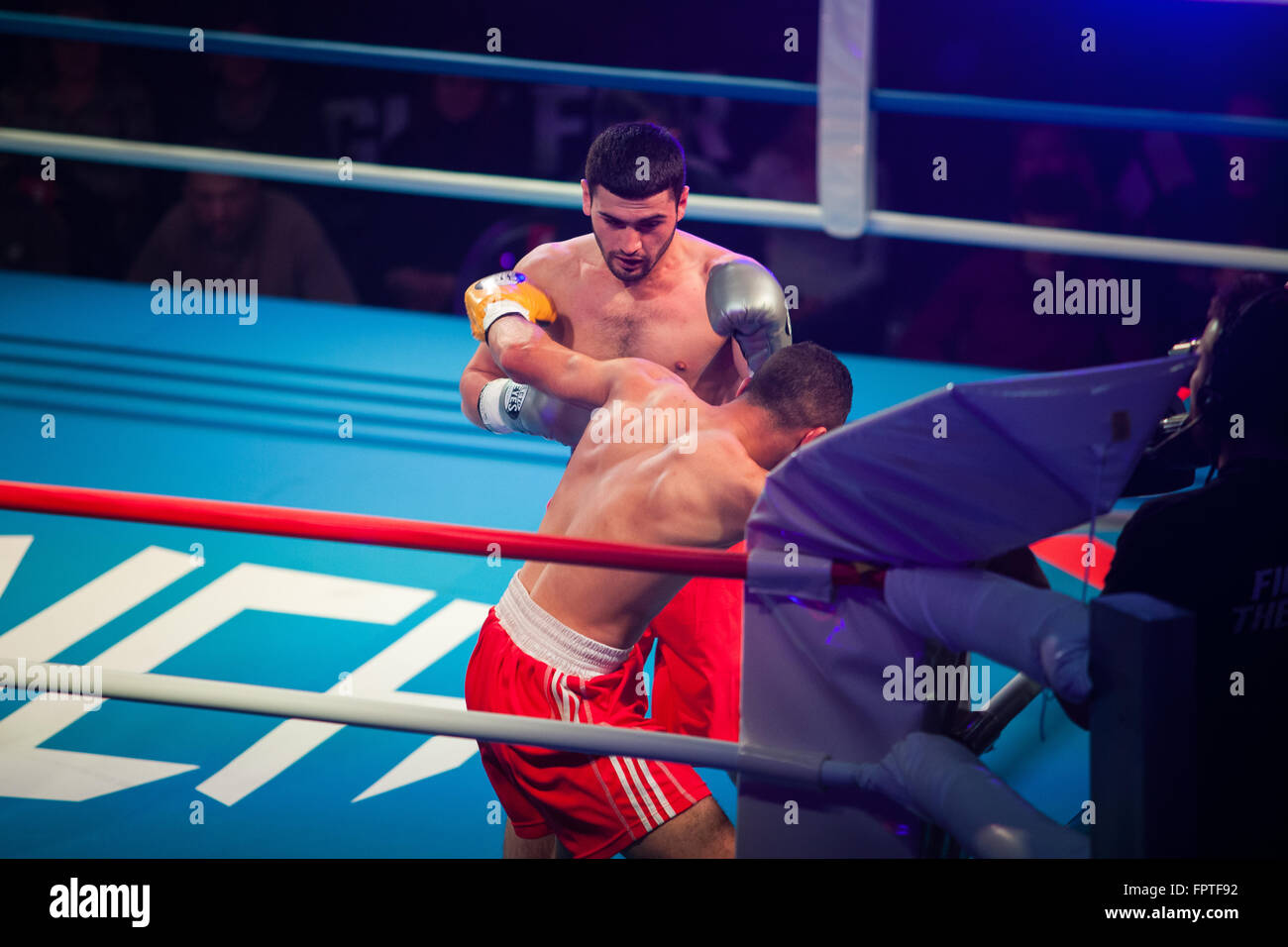 MOSCOW - 18 MARCH, 2016 : Professional boxing show Fight For The Future. Jheritz Chaves versus Vage Sarukhanyan (won) fought for the WBC EPBC (Eurasia Pacific Boxing Council) Championship promoted by Punch Boxing Promotions. Boxers Uriy Trogiyanov, Manvel Sargsyan, Jora Amazaryan, Ayk Shakhnazaryan also fought on the ring. Stock Photo