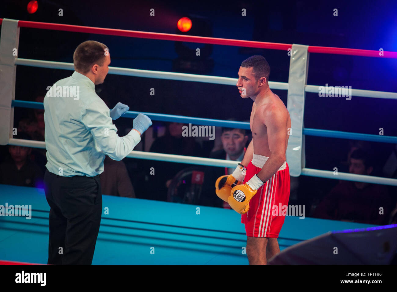 MOSCOW - 18 MARCH, 2016 : Professional boxing show Fight For The Future. Jheritz Chaves versus Vage Sarukhanyan (won) fought for the WBC EPBC (Eurasia Pacific Boxing Council) Championship promoted by Punch Boxing Promotions. Boxers Uriy Trogiyanov, Manvel Sargsyan, Jora Amazaryan, Ayk Shakhnazaryan also fought on the ring. Stock Photo