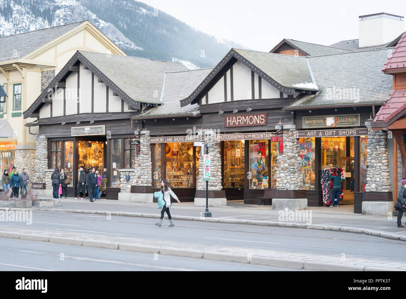 Shops on Banff Avenue Banff Canada including Harmons gift shop or store Stock Photo