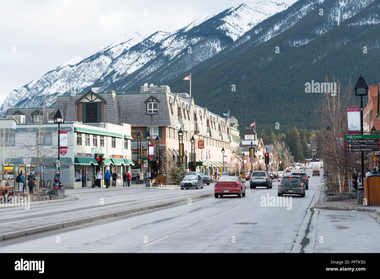 Banff Avenue in down town Banff in the Canadian Rockies Canada Stock Photo