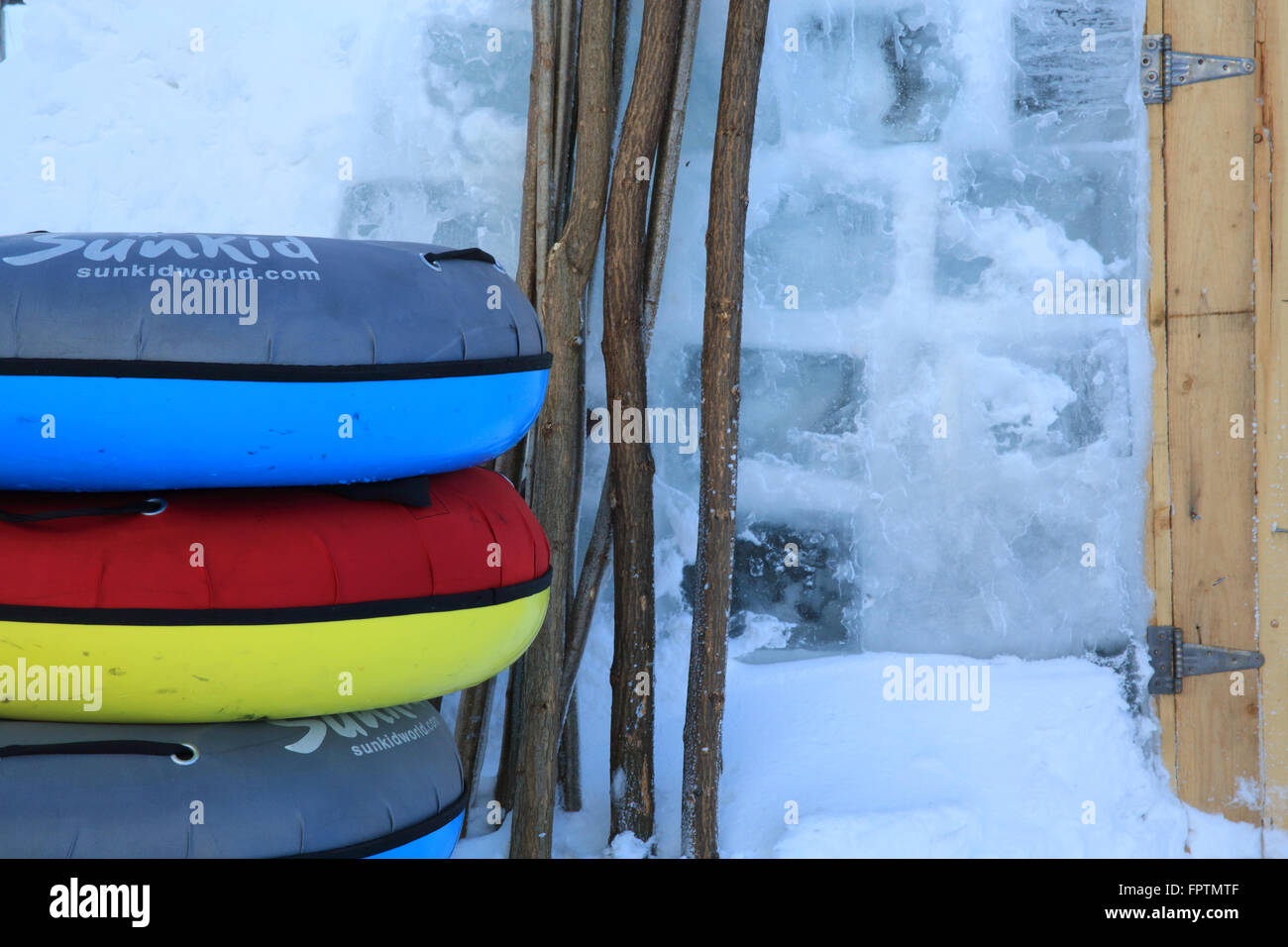 Winter sports equipment by the Ice Hotel at Balea Lac, in the Faragas Mountains, in Transylvania, Romania, east Europe Stock Photo