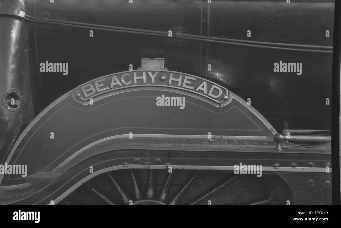 Nameplate of LBSCR H2 Class 4-4-2 Atlantic No.32424 Beachy Head in BR livery on an RCTS Special train on 05/10/1952 (Brighton Works Centenary) Stock Photo