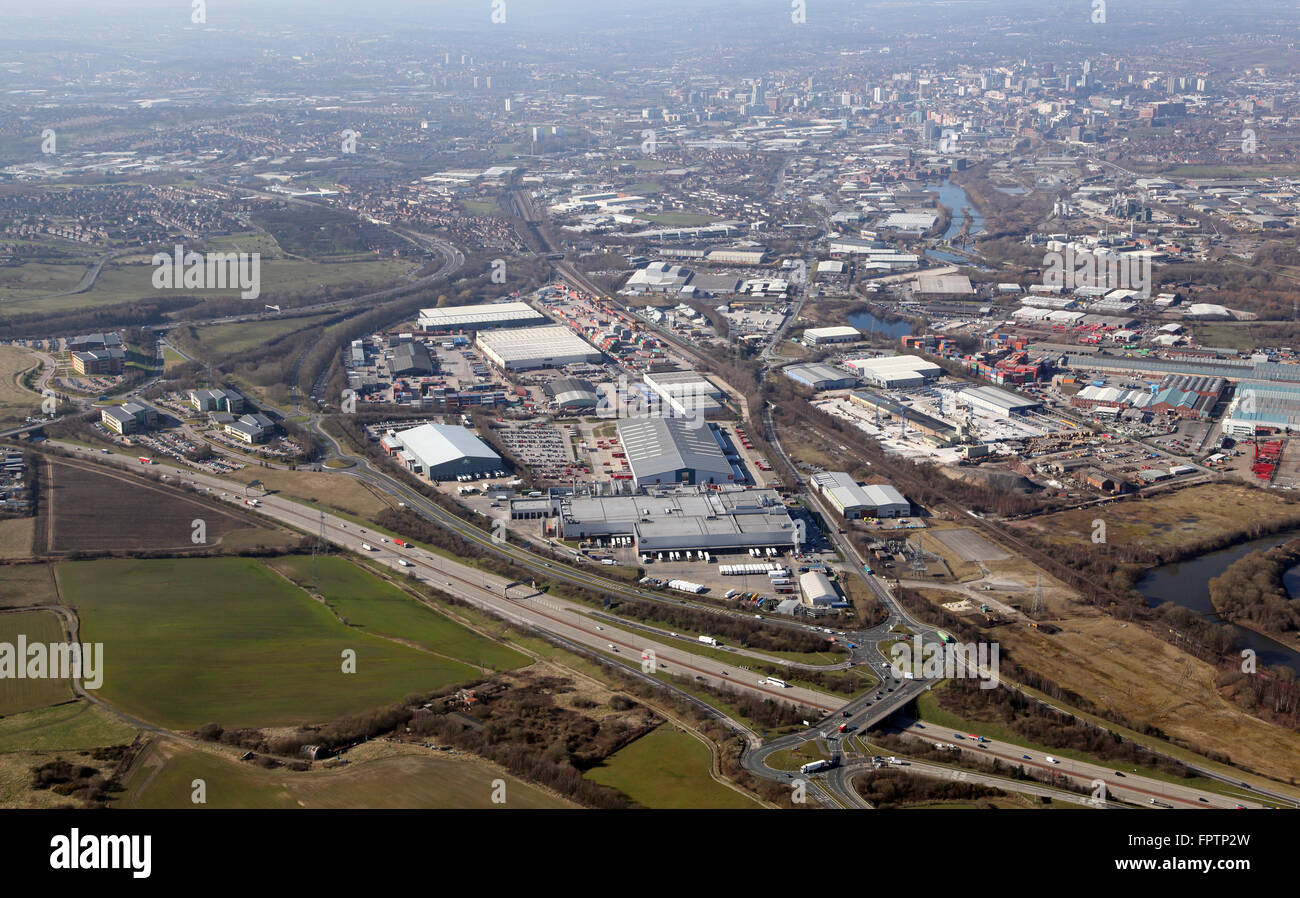 aerial view of industrial units and factories in Stourton at junction 44 of the M1, East Leeds, UK Stock Photo