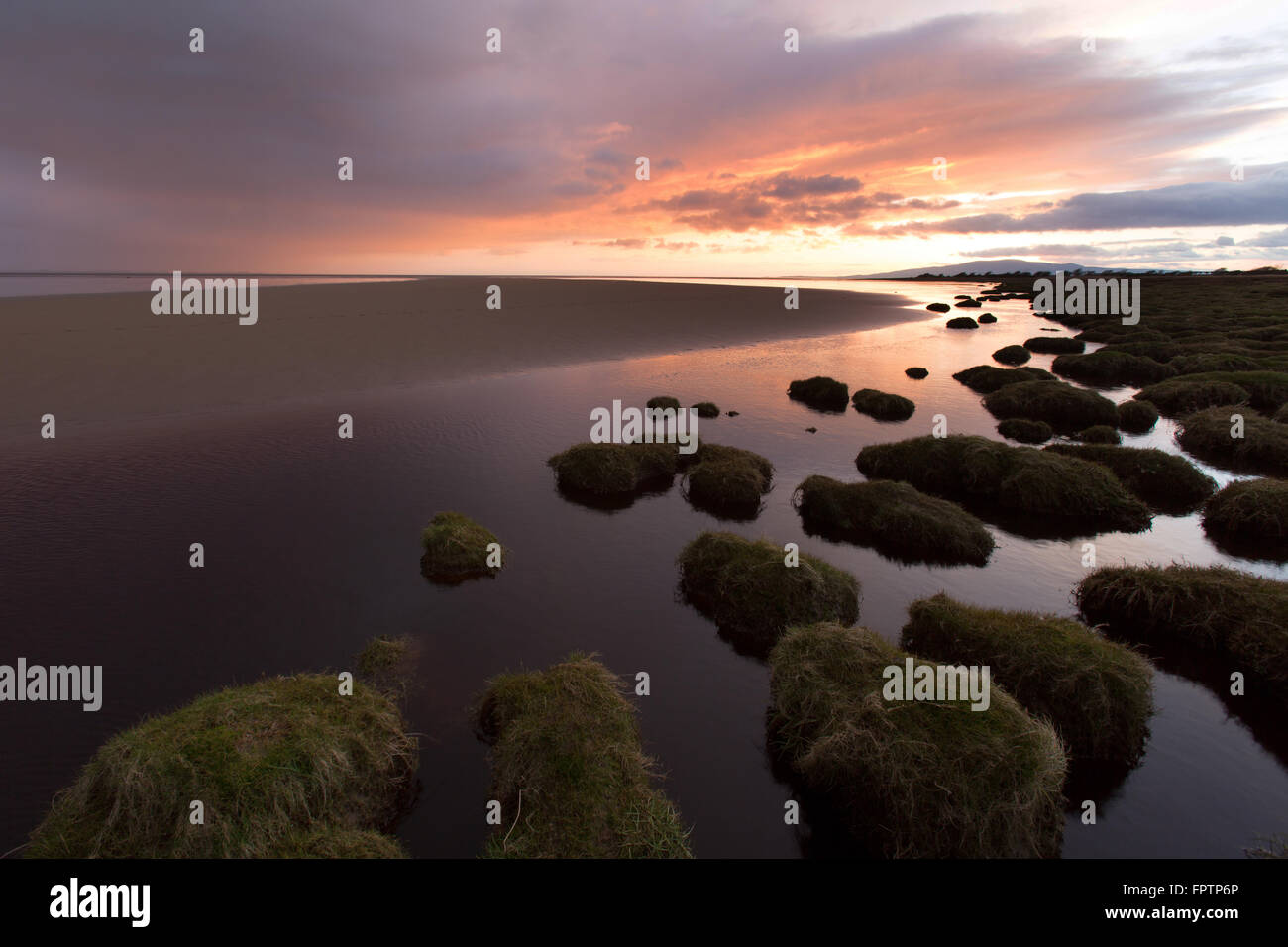 Solway Firth, Scotland. Picturesque view of sunset over the Solway Firth saltmarsh and beach, near the village of Powfoot. Stock Photo