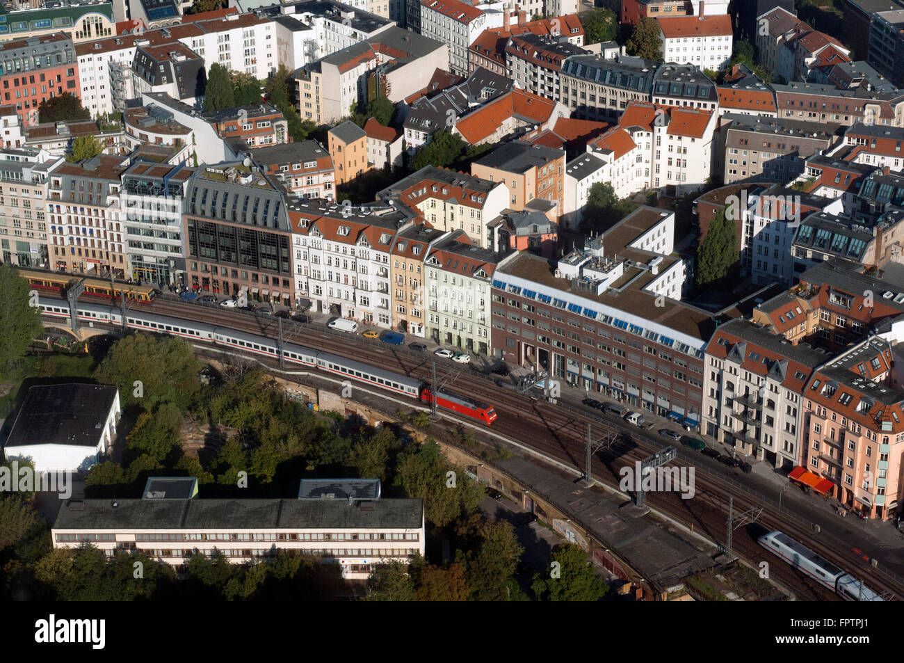 Berlin Panorama from the Fernsehturm with the shadow of the tower, Berlin, Germany. Diferents trains. View across Berlin from th Stock Photo
