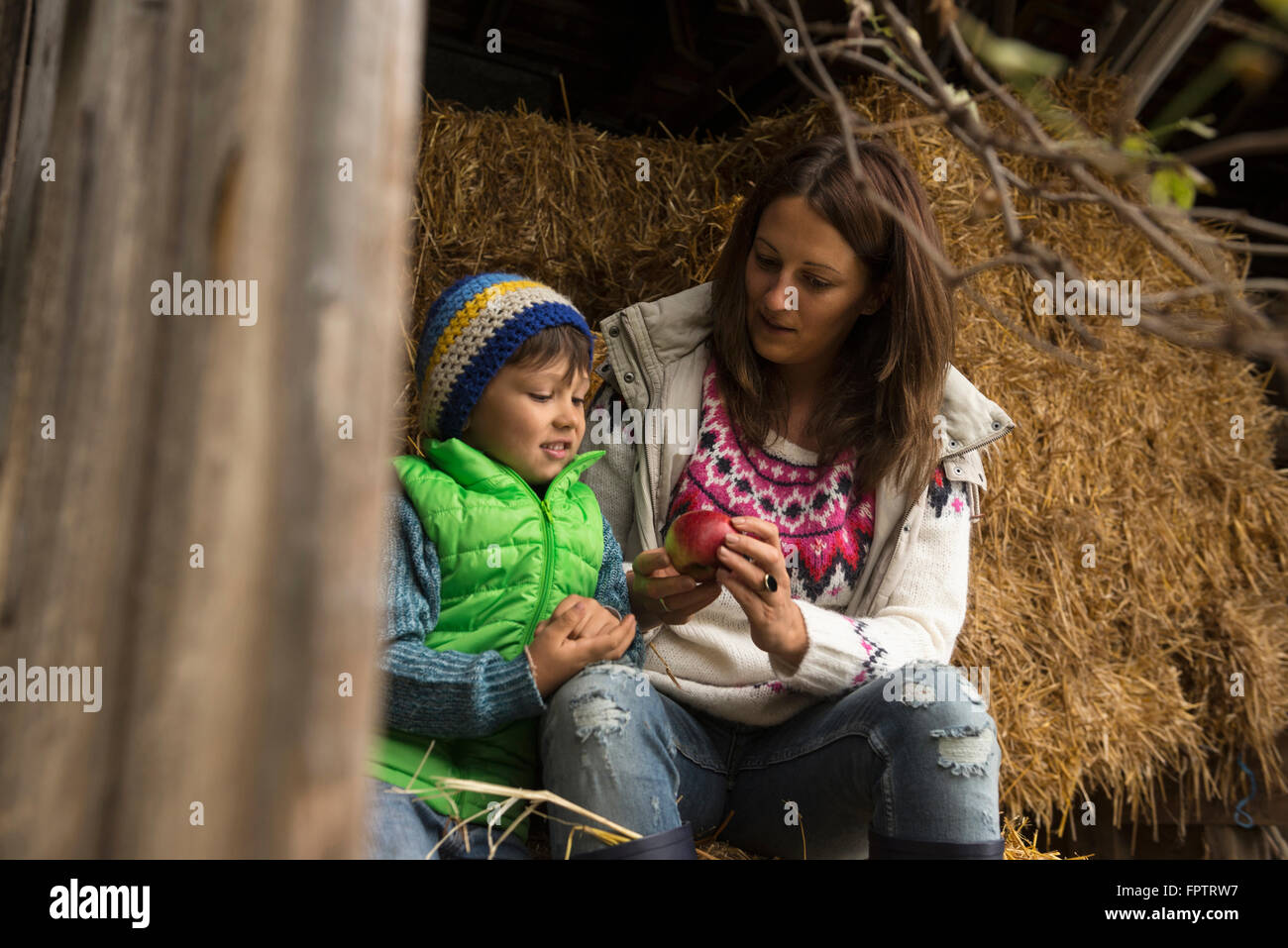 Mother and son sitting on straw in the stable, Bavaria, Germany Stock Photo