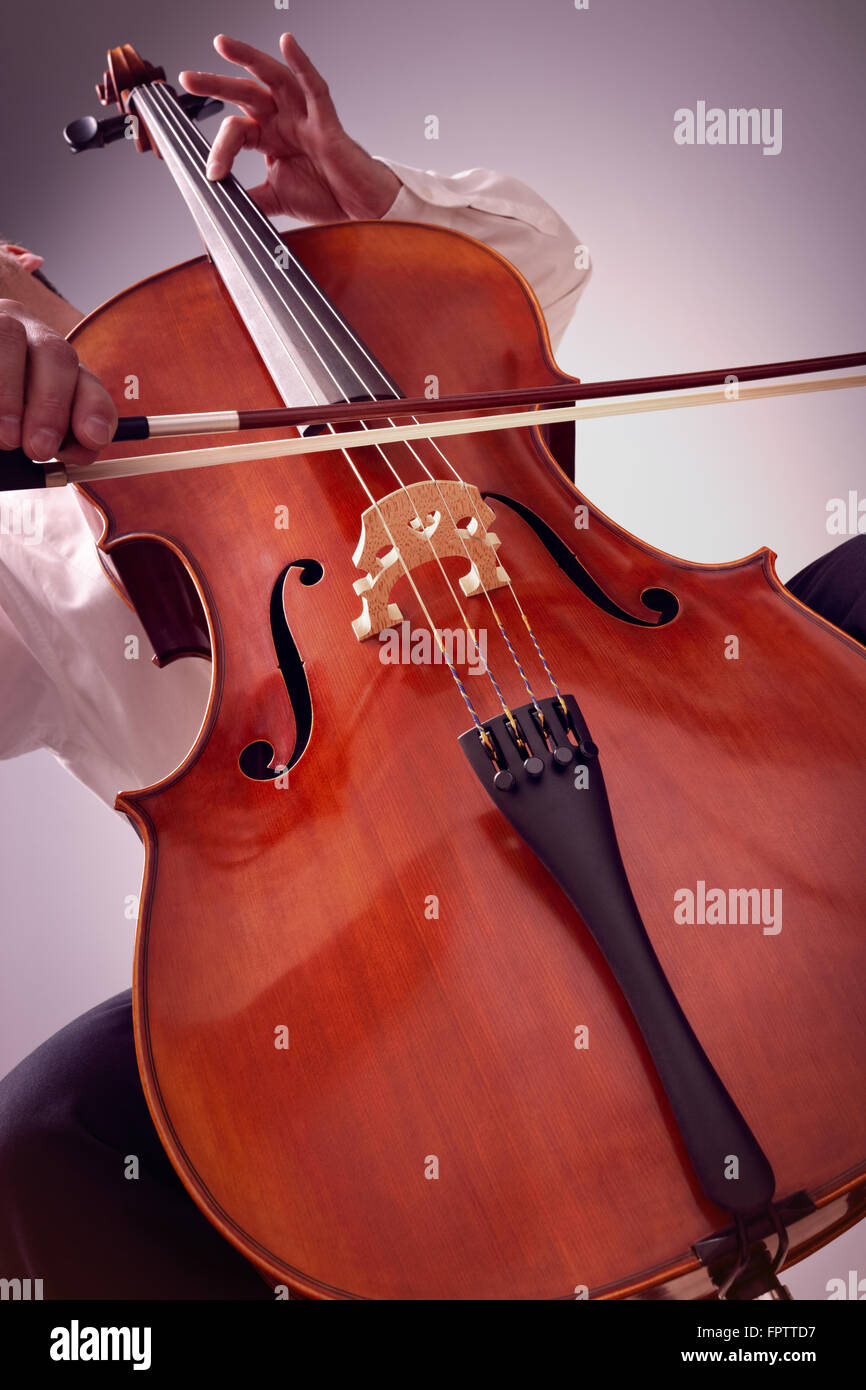Cello player or cellist performing in an orchestra concept for music