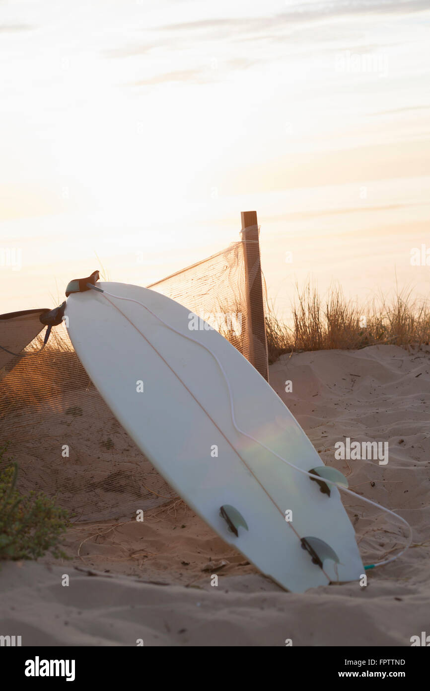 Upside down surfboard leaning against fence during sunset, Lit-et-Mixe, Aquitaine, France Stock Photo