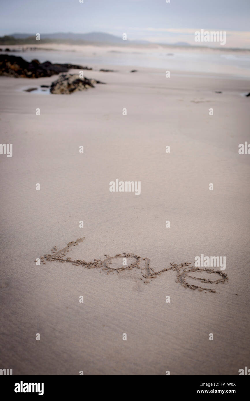 Love written in sand on the beach, Viana do Castelo, Norte Region, Portugal Stock Photo