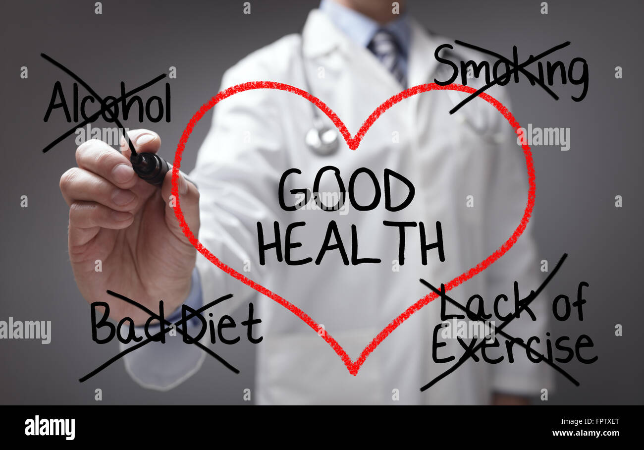 Doctor giving good health advice on diet, smoking, alcohol and exercise Stock Photo