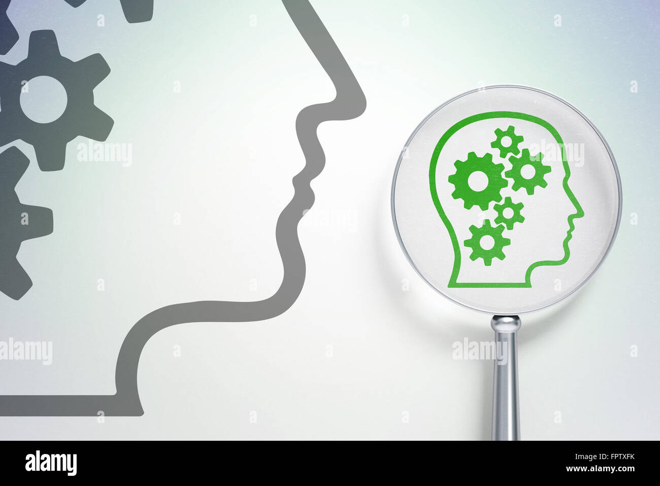 Education concept: Head With Gears with optical glass on digital ...