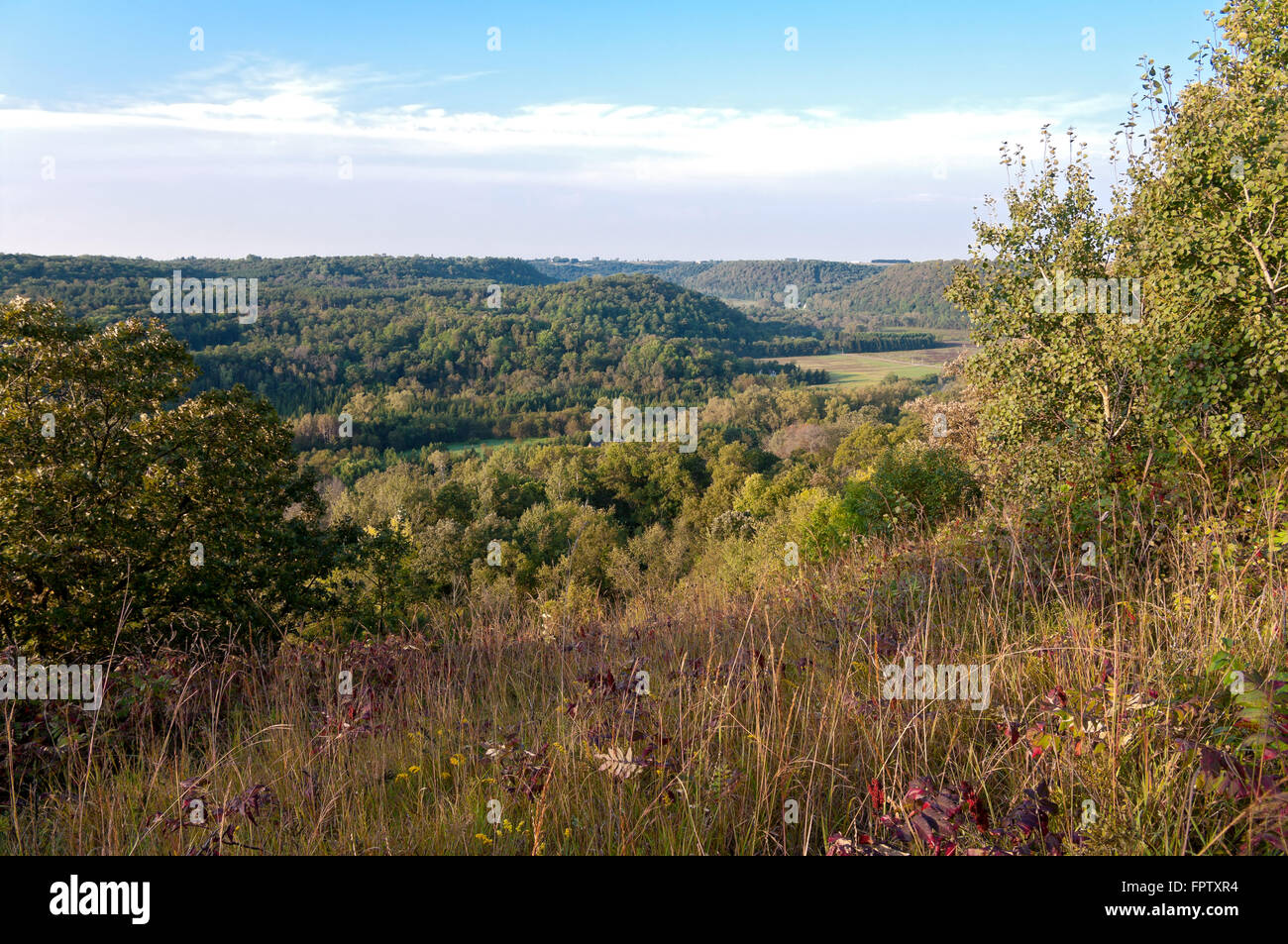 inside morgan coulee state natural area atop bluffs overlooking rush river valley outside maiden rock wisconsin Stock Photo