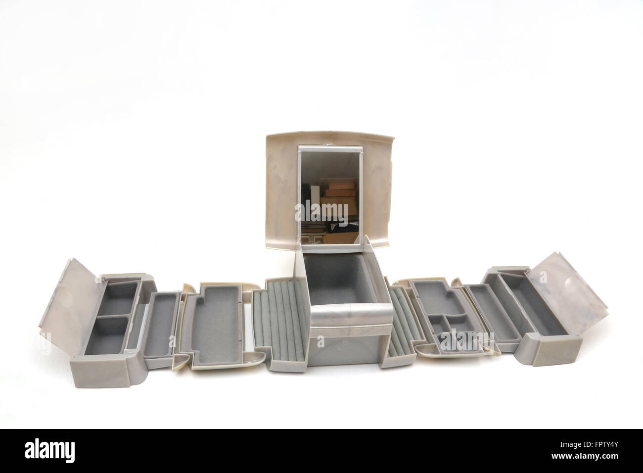 Extendible Jewellery Box Fully Extended Showing Compartments And Mirror Stock Photo