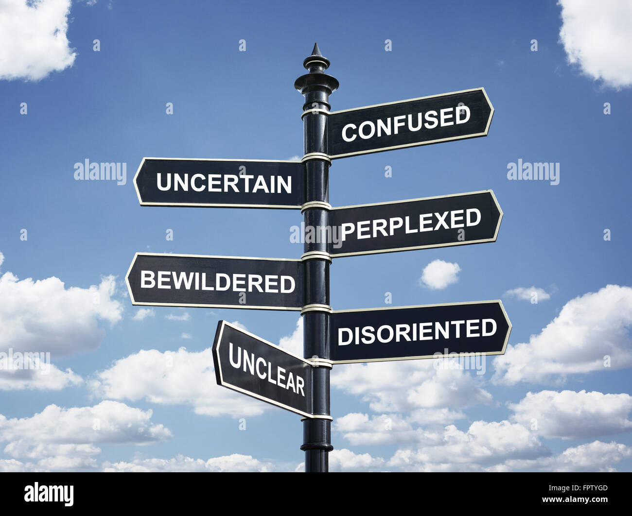 Crossroad signpost saying confused, uncertain, perplexed, bewildered, disoriented, unclear concept for lost, confusion or decisi Stock Photo
