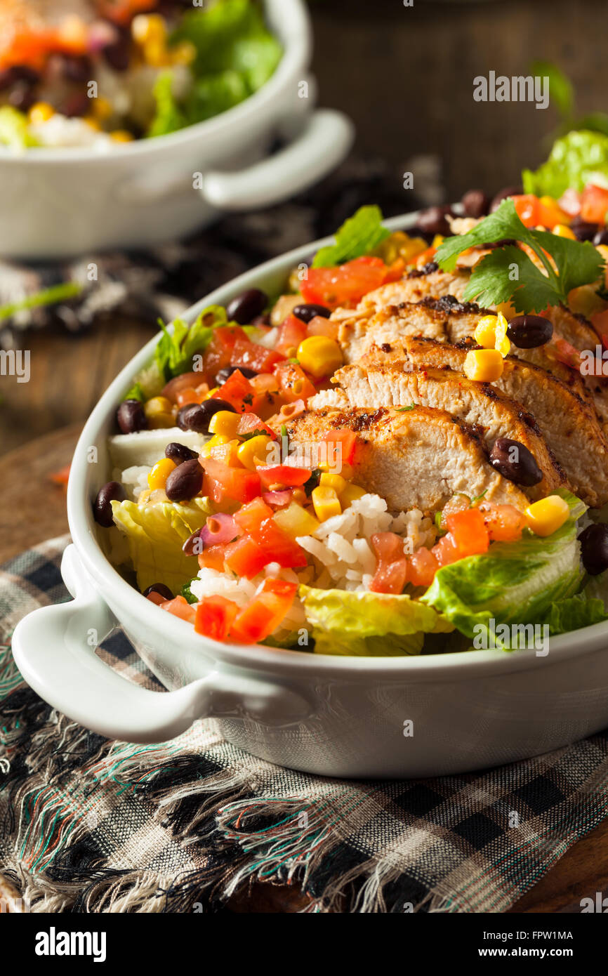 Homemade Mexican Chicken Burrito Bowl with Rice and Beans Stock Photo