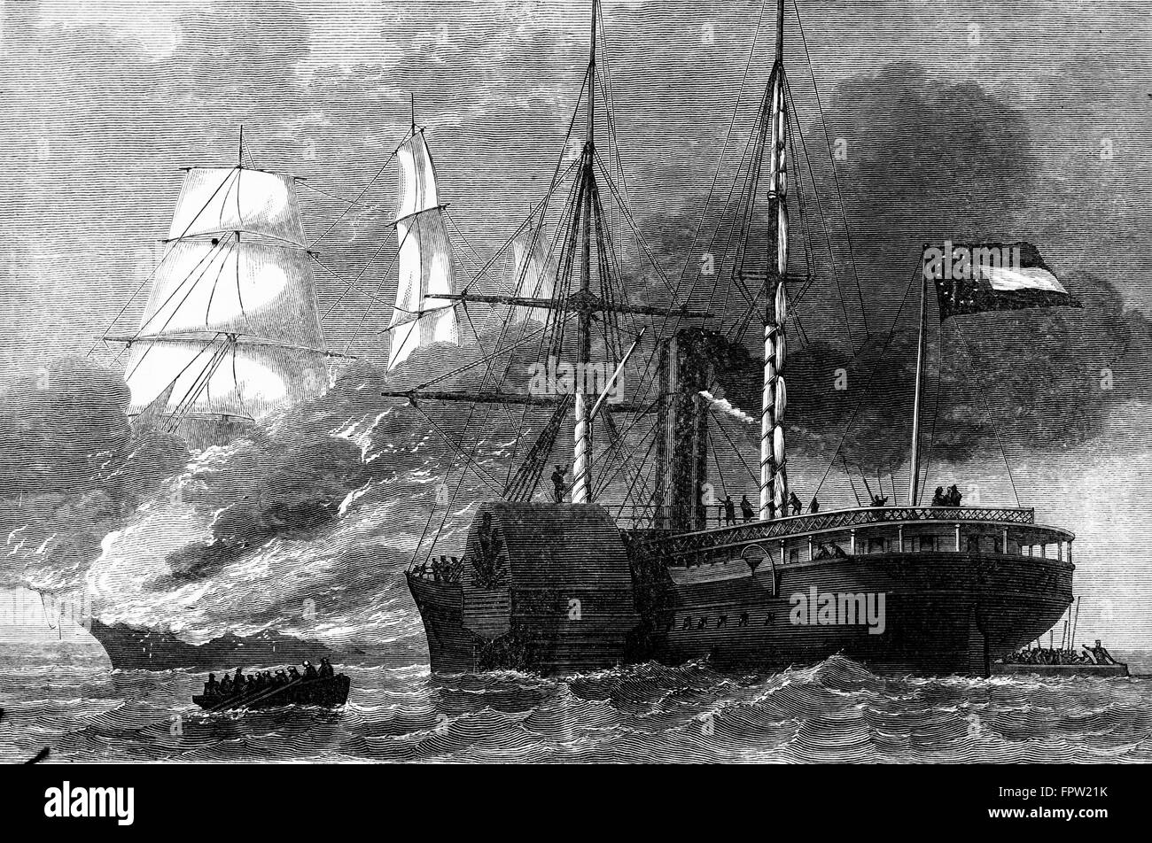 1860s AMERICAN CIVIL WAR CONFEDERATE SHIP NASHVILLE DESTROYING A UNION MERCHANTMAN VESSEL Stock Photo