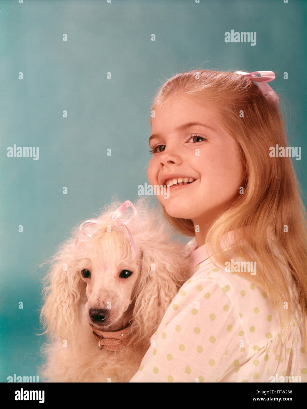 1960s Smiling Blonde Girl Pink Bow In Hair French Poodle Dog Pink