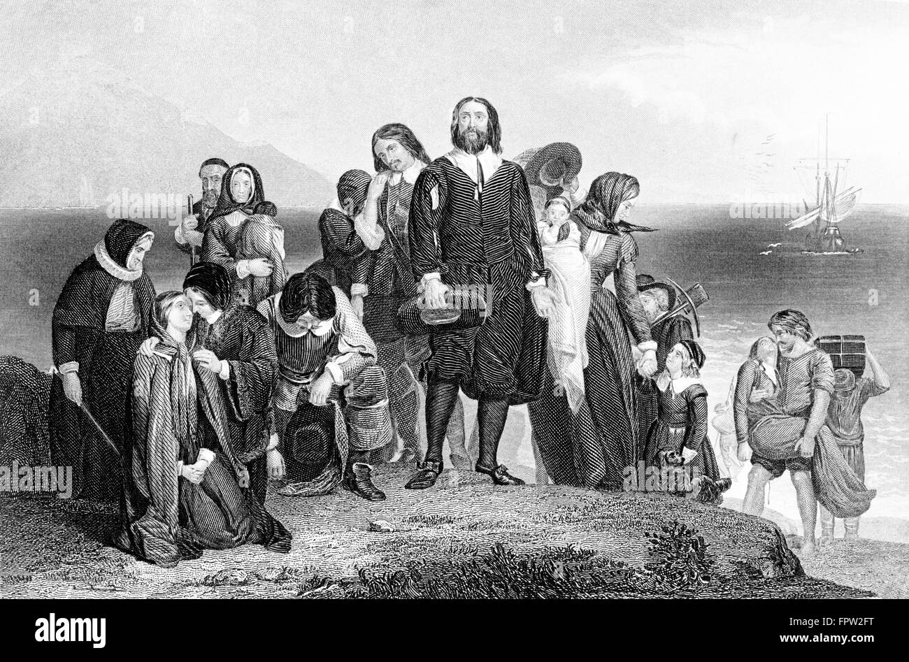 1620s FIRST LANDING OF MAYFLOWER PILGRIMS LEAD BY MYLES STANDISH NOVEMBER 9 1620 PLYMOUTH BAY COLONY MA USA Stock Photo