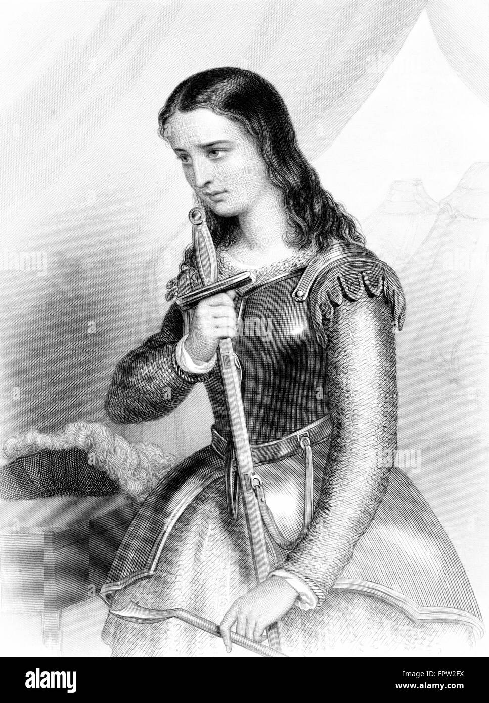 1400s JOAN OF ARC JEANNE D'ARC MAID OF ORLEANS FRENCH MILITARY LEADER HEROINE SIEGE OF ORLEANS 1429 SHOWN WITH SWORD AND ARMOR Stock Photo