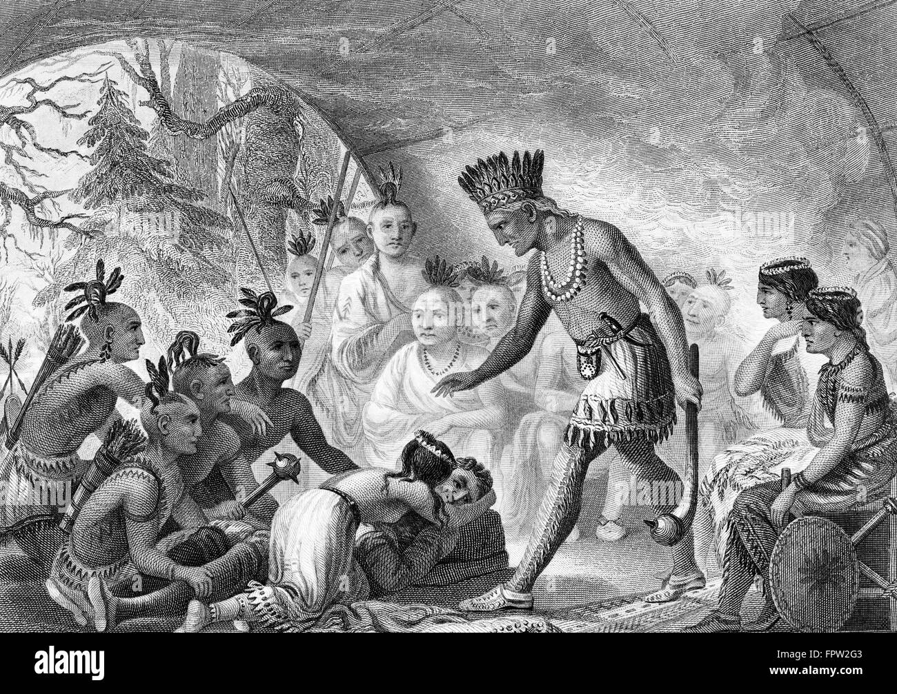 CAPTAIN JOHN SMITH BEING RESCUED SAVED BY POCAHONTAS POWHATAN PRINCESS AMERICAN INDIAN JAMESTOWN COLONY 1600s Stock Photo