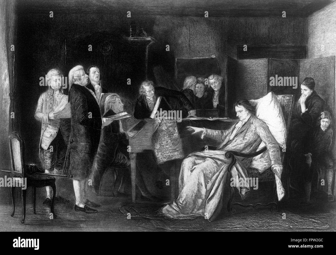 1790s 18TH CENTURY COMPOSER MUSICIAN MOZART DIRECTING HIS UNFINISHED REQUIEM ILLUSTRATION BY MUNKACSY Stock Photo