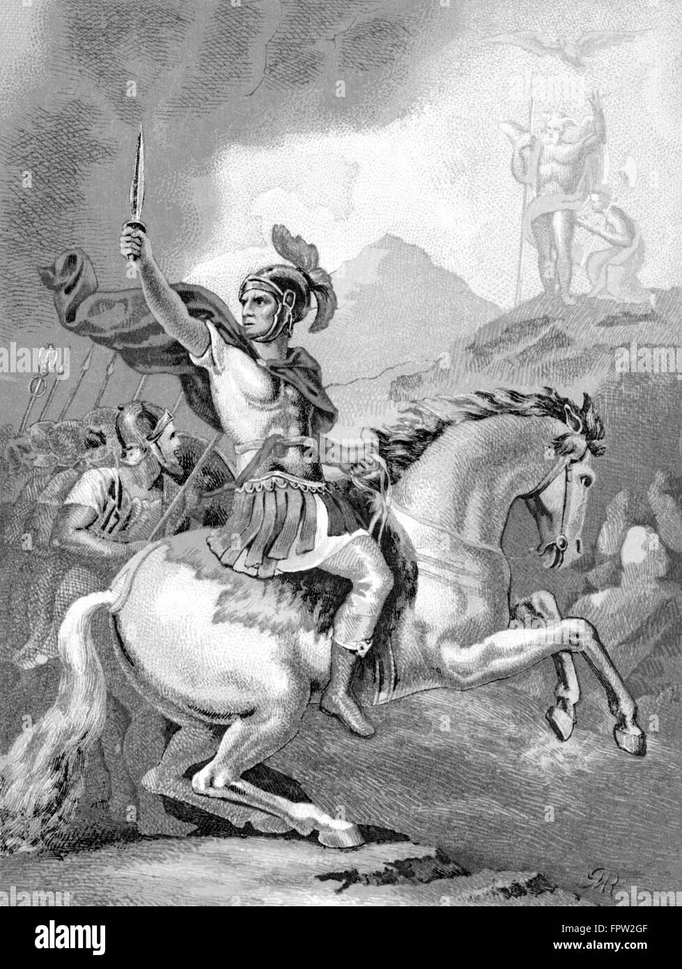 49 BC DEFIANT DECISIVE JULIUS CAESAR IRREVERSIBLY CROSSING RUBICON RIVER ON WAR HORSE WAVING SWORD LEADING ROMAN ARMY Stock Photo