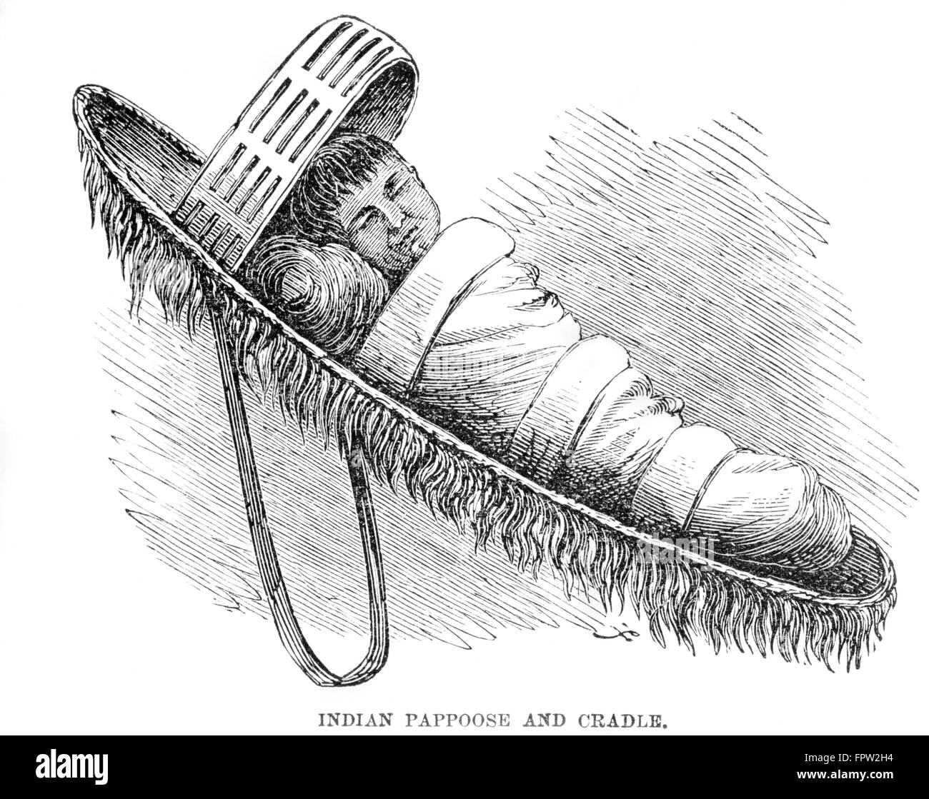 NATIVE AMERICAN INDIAN CHILD PAPOOSE ASLEEP IN A CRADLE BOARD ILLUSTRATION Stock Photo