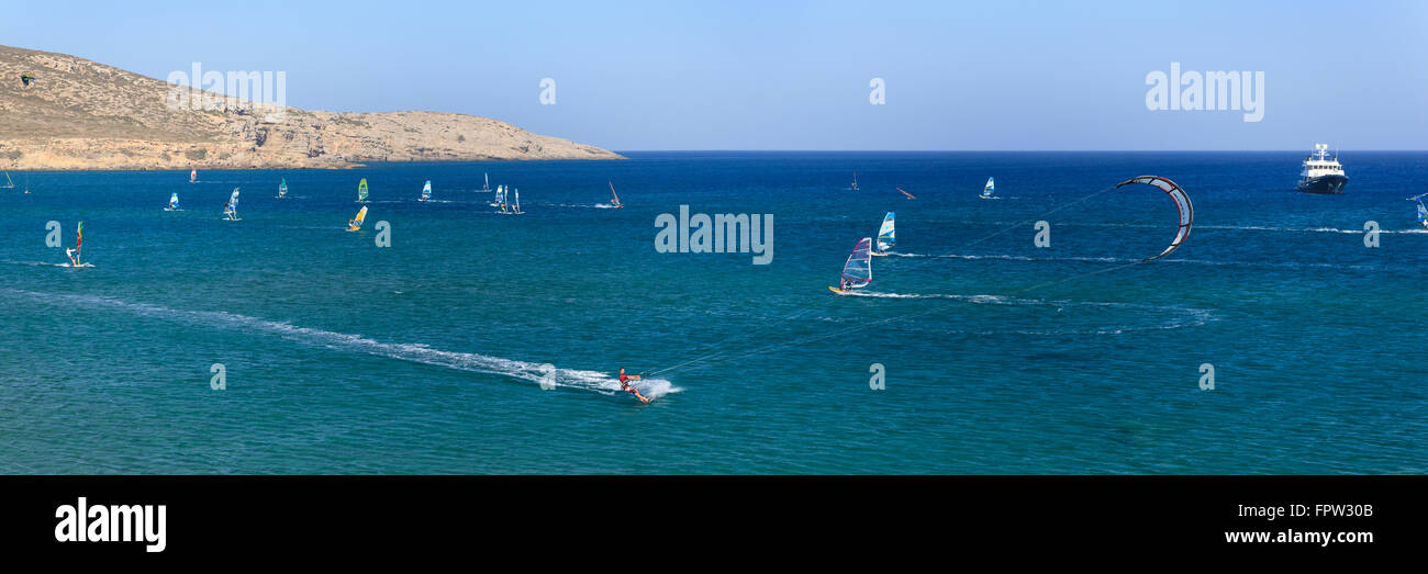 Kitesurfers and windsurfers, beach for surfers, Prasonisi, Rhodes, Dodecanese, Aegean Sea, Greece Stock Photo