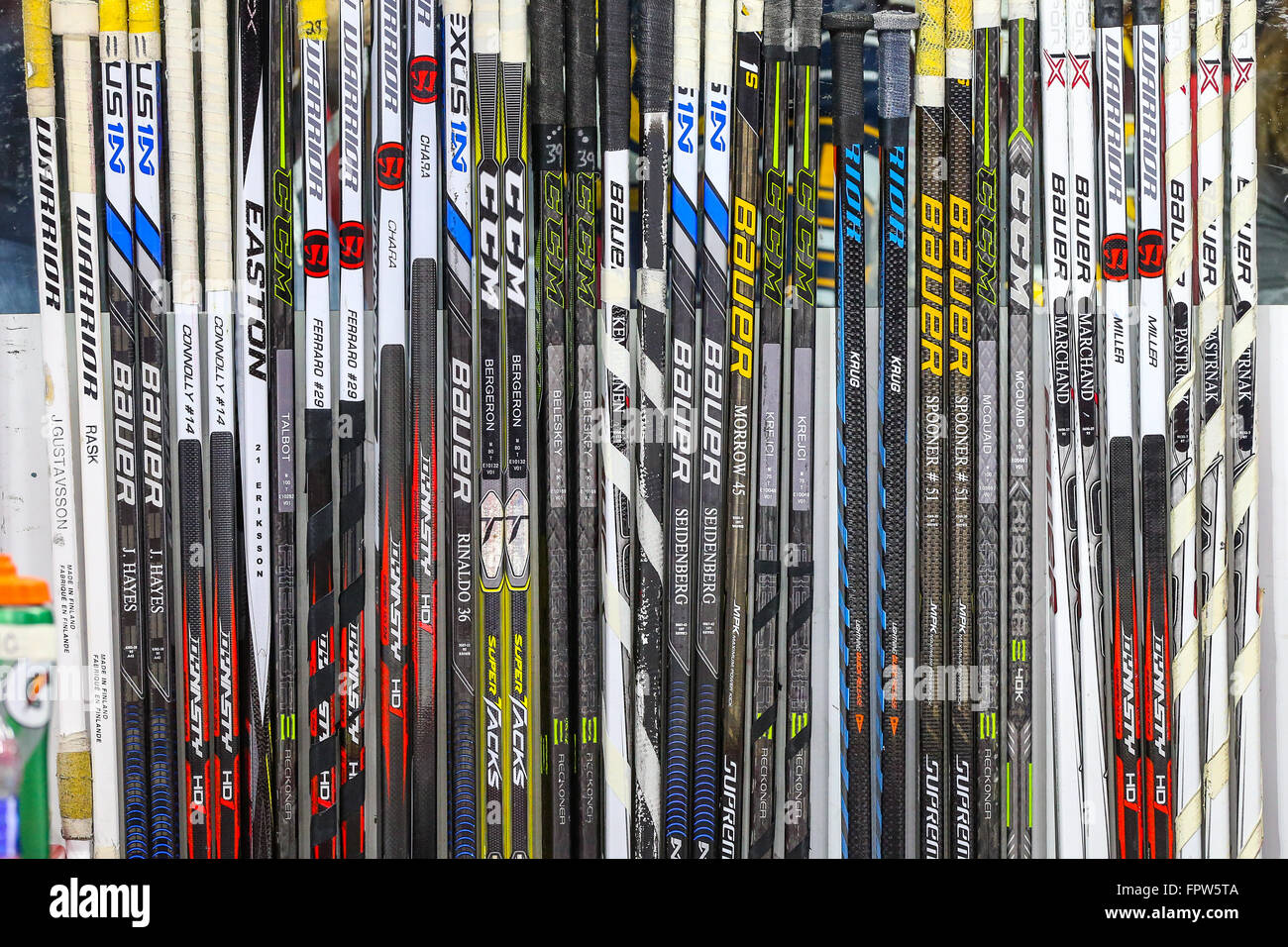 Boston Bruins hockey sticks during the NHL game between the Boston Bruins and the Carolina Hurricanes at the PNC Arena. Stock Photo