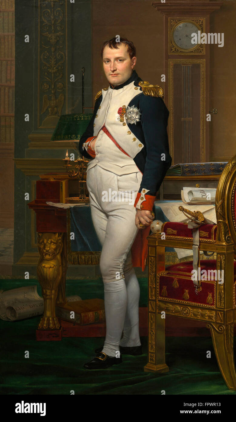 Vintage painting of The Emperor Napoleon in his study at the Tuileries. Original by Jacques-Louis David, 1812. Stock Photo